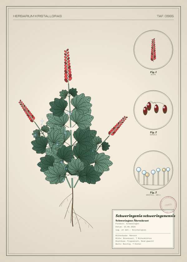Botanische Tafel: Schweringenia schweringenensis, eine erfundene Pflanze aus Schweringen, gezeichnet wie in einem alten Pflanzenatlas