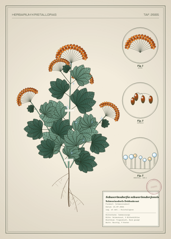 Botanische Tafel: Schwerinsdorfia schwerinsdorfensis, eine erfundene Pflanze aus Schwerinsdorf, gezeichnet wie in einem alten Pflanzenatlas