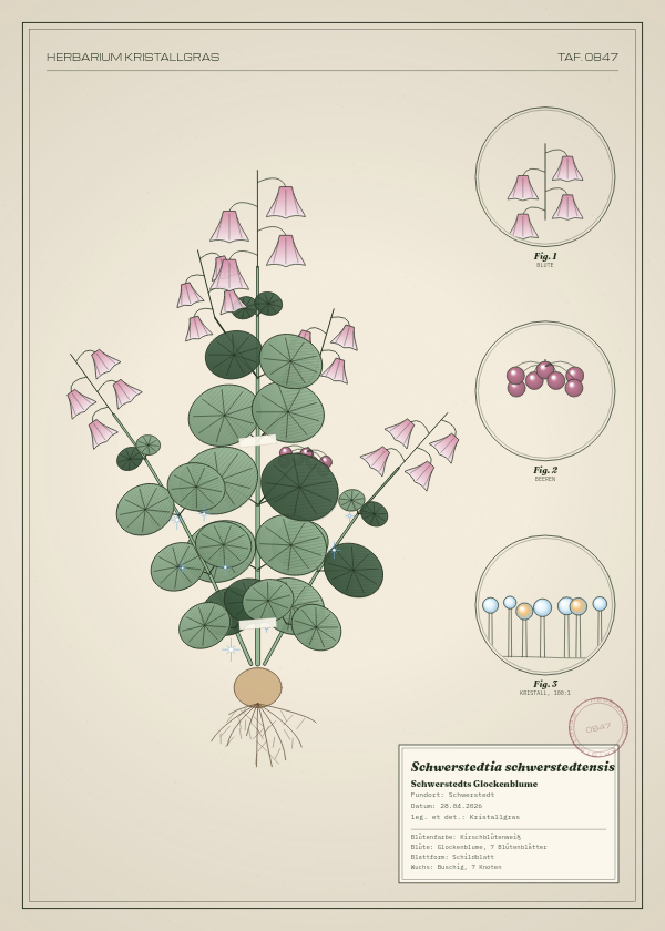 Botanische Tafel: Schwerstedtia schwerstedtensis, eine erfundene Pflanze aus Schwerstedt, gezeichnet wie in einem alten Pflanzenatlas