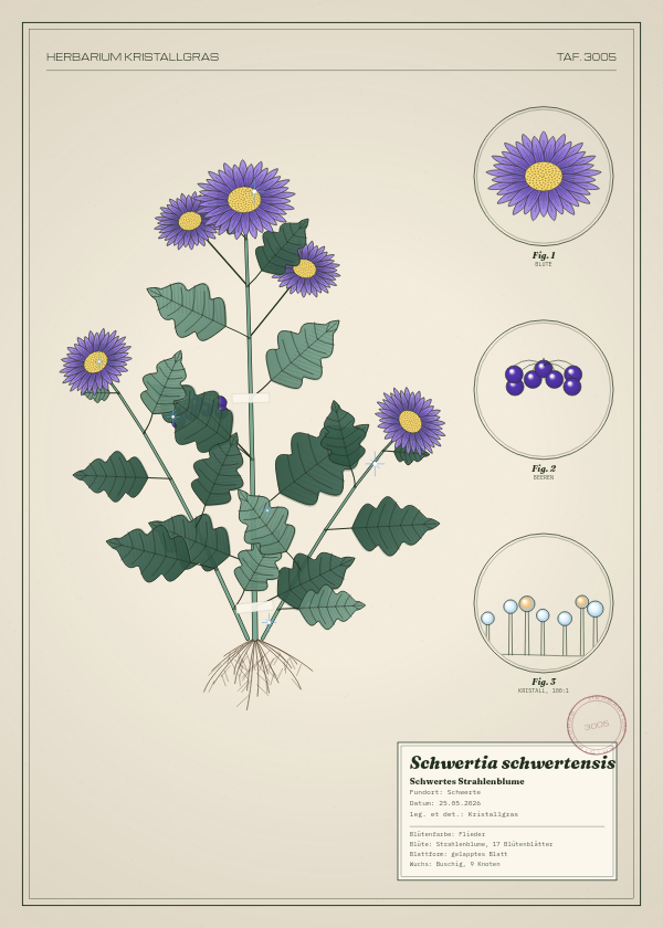 Botanische Tafel: Schwertia schwertensis, eine erfundene Pflanze aus Schwerte, gezeichnet wie in einem alten Pflanzenatlas