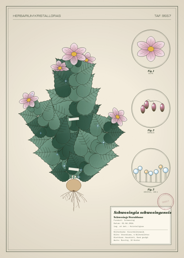 Botanische Tafel: Schwesingia schwesingensis, eine erfundene Pflanze aus Schwesing, gezeichnet wie in einem alten Pflanzenatlas
