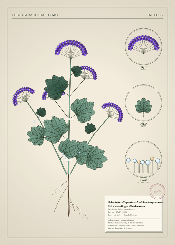 Botanische Tafel: Schwieberdingenia schwieberdingenensis, eine erfundene Pflanze aus Schwieberdingen, gezeichnet wie in einem alten Pflanzenatlas