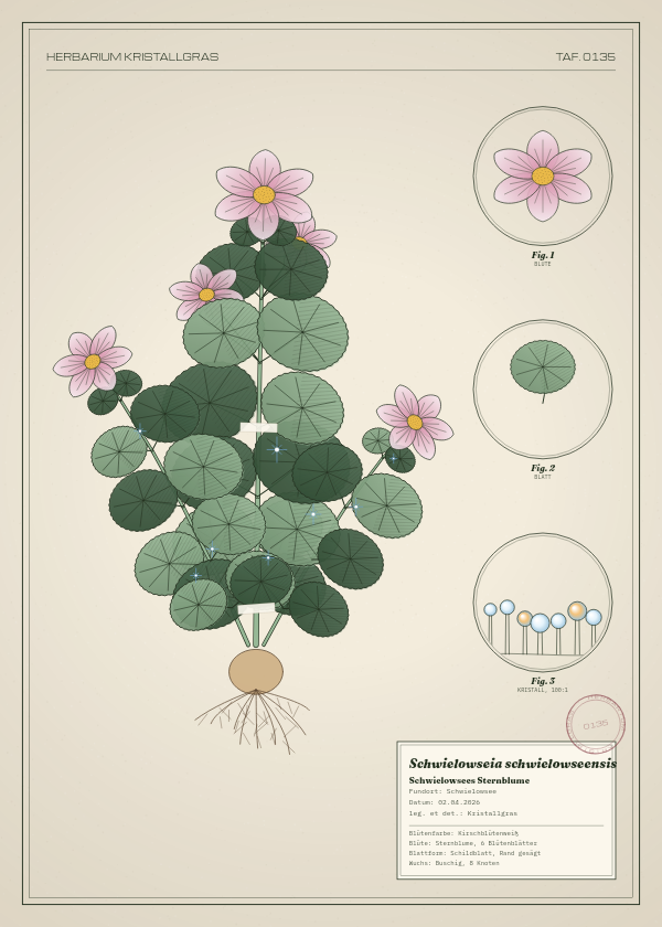 Botanische Tafel: Schwielowseia schwielowseensis, eine erfundene Pflanze aus Schwielowsee, gezeichnet wie in einem alten Pflanzenatlas