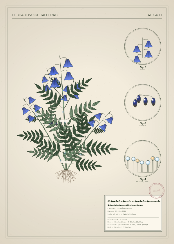 Botanische Tafel: Schwielochseia schwielochseensis, eine erfundene Pflanze aus Schwielochsee, gezeichnet wie in einem alten Pflanzenatlas