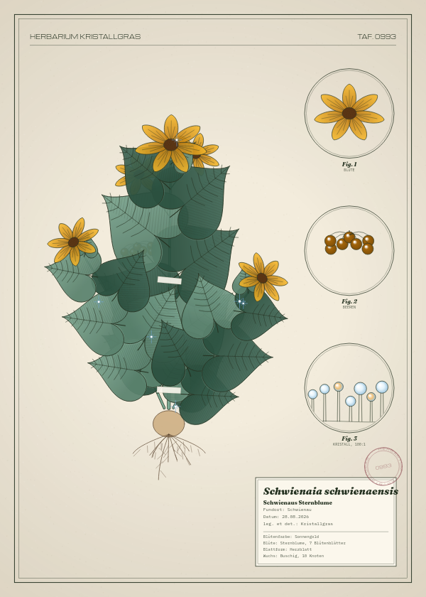 Botanische Tafel: Schwienaia schwienaensis, eine erfundene Pflanze aus Schwienau, gezeichnet wie in einem alten Pflanzenatlas