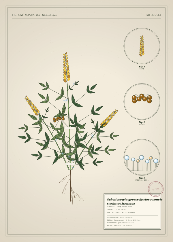 Botanische Tafel: Schwiesowia grossschwiesowensis, eine erfundene Pflanze aus Groß Schwiesow, gezeichnet wie in einem alten Pflanzenatlas