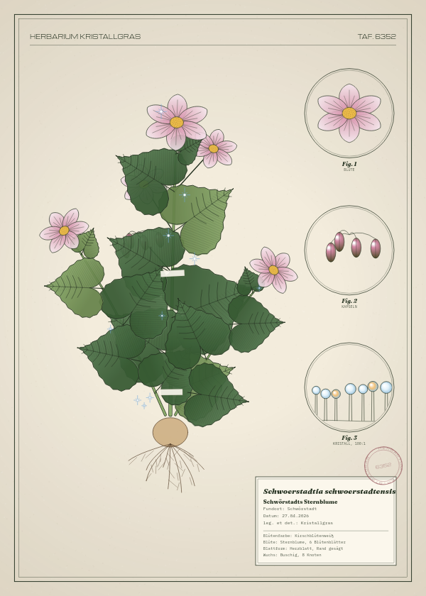 Botanische Tafel: Schwoerstadtia schwoerstadtensis, eine erfundene Pflanze aus Schwörstadt, gezeichnet wie in einem alten Pflanzenatlas