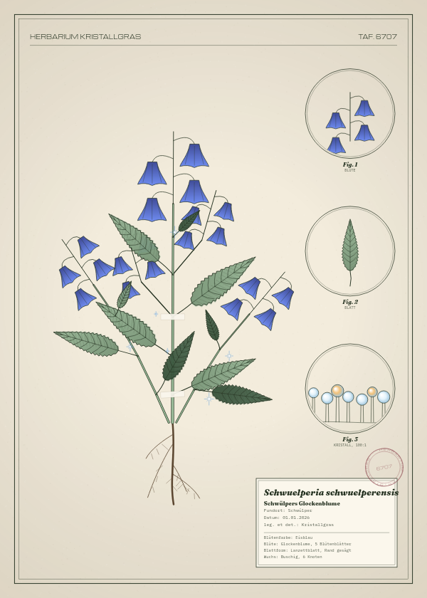Botanische Tafel: Schwuelperia schwuelperensis, eine erfundene Pflanze aus Schwülper, gezeichnet wie in einem alten Pflanzenatlas