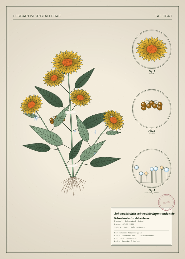 Botanische Tafel: Schwaebischia schwaebischgmuendensis, eine erfundene Pflanze aus Schwäbisch Gmünd, gezeichnet wie in einem alten Pflanzenatlas