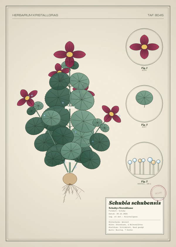 Botanische Tafel: Schubia schubensis, eine erfundene Pflanze aus Schuby, gezeichnet wie in einem alten Pflanzenatlas