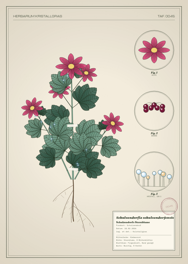 Botanische Tafel: Schulzendorfia schulzendorfensis, eine erfundene Pflanze aus Schulzendorf, gezeichnet wie in einem alten Pflanzenatlas