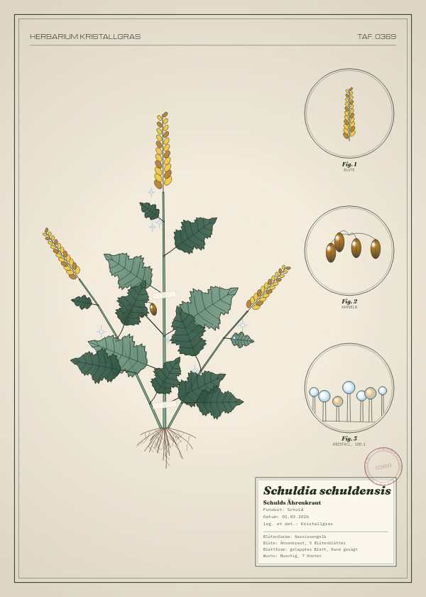 Botanische Tafel: Schuldia schuldensis, eine erfundene Pflanze aus Schuld, gezeichnet wie in einem alten Pflanzenatlas