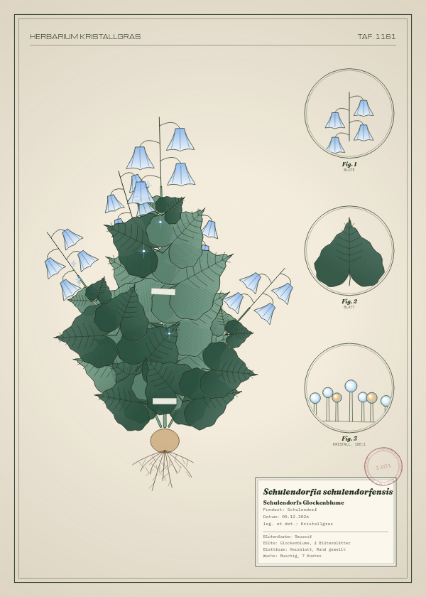 Botanische Tafel: Schulendorfia schulendorfensis, eine erfundene Pflanze aus Schulendorf, gezeichnet wie in einem alten Pflanzenatlas