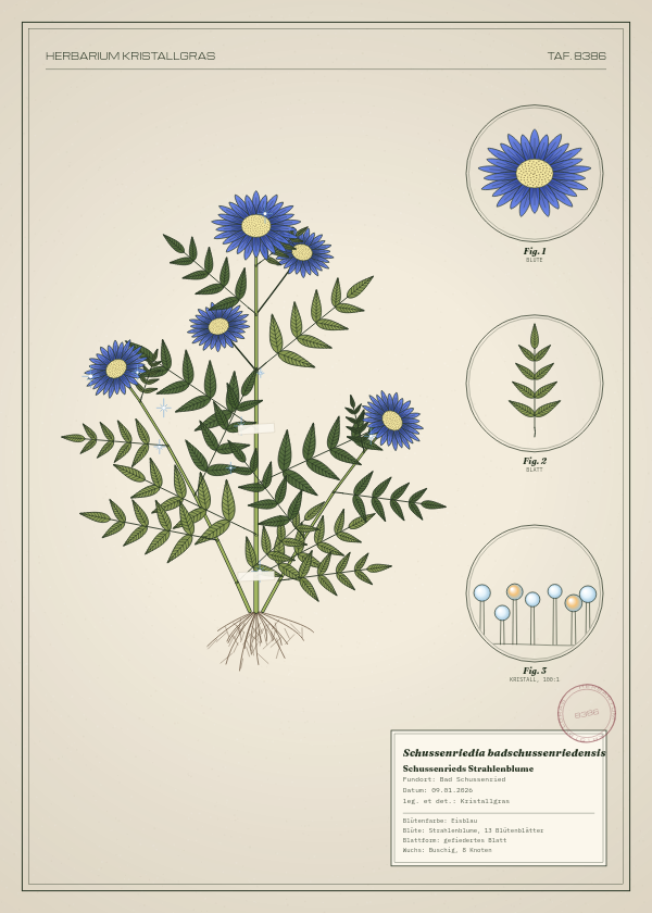 Botanische Tafel: Schussenriedia badschussenriedensis, eine erfundene Pflanze aus Bad Schussenried, gezeichnet wie in einem alten Pflanzenatlas
