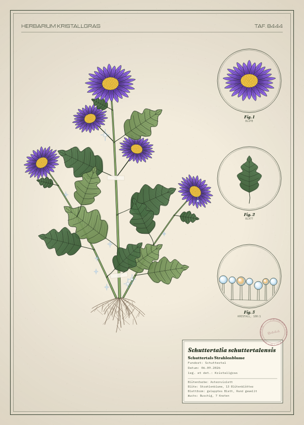 Botanische Tafel: Schuttertalia schuttertalensis, eine erfundene Pflanze aus Schuttertal, gezeichnet wie in einem alten Pflanzenatlas