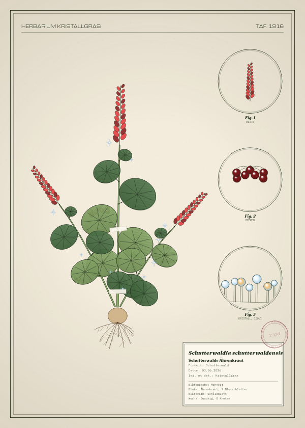 Botanische Tafel: Schutterwaldia schutterwaldensis, eine erfundene Pflanze aus Schutterwald, gezeichnet wie in einem alten Pflanzenatlas