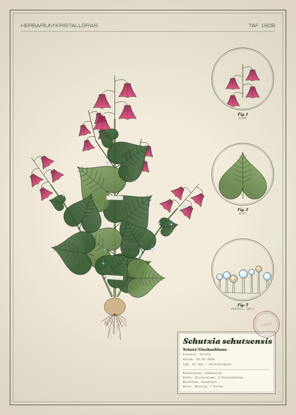 Botanische Tafel: Schutzia schutzensis, eine erfundene Pflanze aus Schutz, gezeichnet wie in einem alten Pflanzenatlas