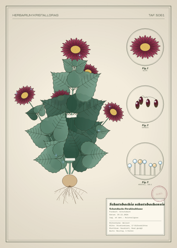 Botanische Tafel: Schutzbachia schutzbachensis, eine erfundene Pflanze aus Schutzbach, gezeichnet wie in einem alten Pflanzenatlas
