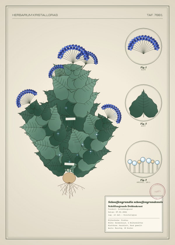 Botanische Tafel: Schoeffengrundia schoeffengrundensis, eine erfundene Pflanze aus Schöffengrund, gezeichnet wie in einem alten Pflanzenatlas