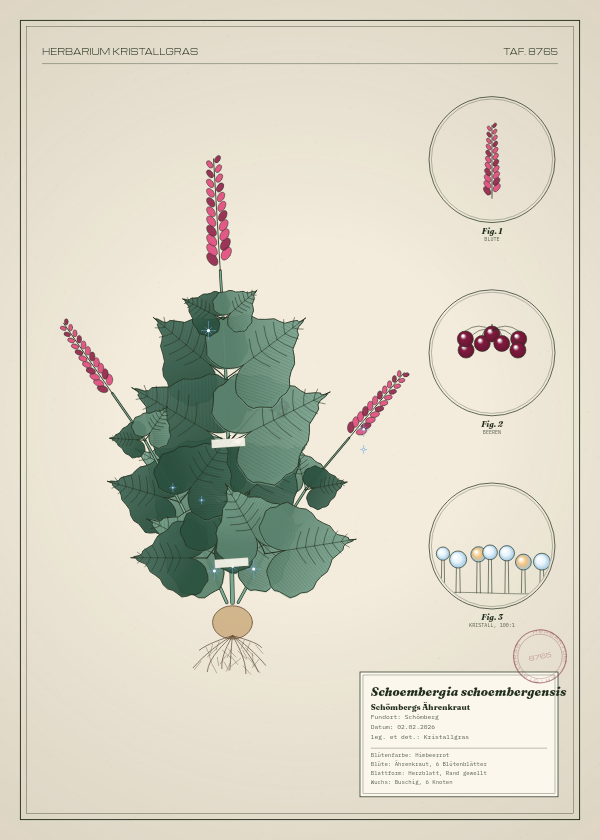 Botanische Tafel: Schoembergia schoembergensis, eine erfundene Pflanze aus Schömberg, gezeichnet wie in einem alten Pflanzenatlas