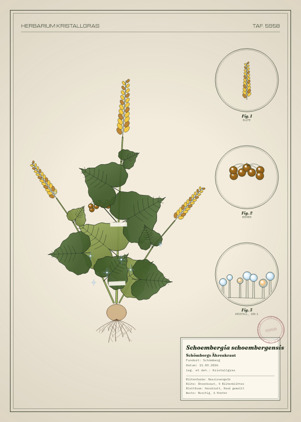Botanische Tafel: Schoembergia schoembergensis, eine erfundene Pflanze aus Schömberg, gezeichnet wie in einem alten Pflanzenatlas
