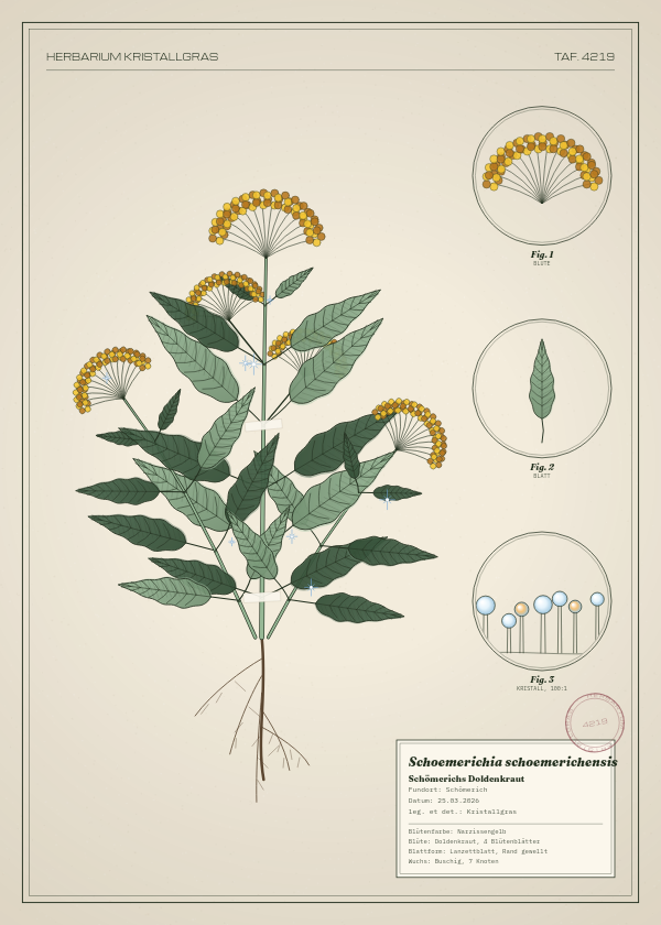 Botanische Tafel: Schoemerichia schoemerichensis, eine erfundene Pflanze aus Schömerich, gezeichnet wie in einem alten Pflanzenatlas