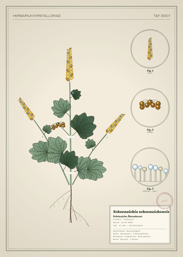 Botanische Tafel: Schoenaichia schoenaichensis, eine erfundene Pflanze aus Schönaich, gezeichnet wie in einem alten Pflanzenatlas