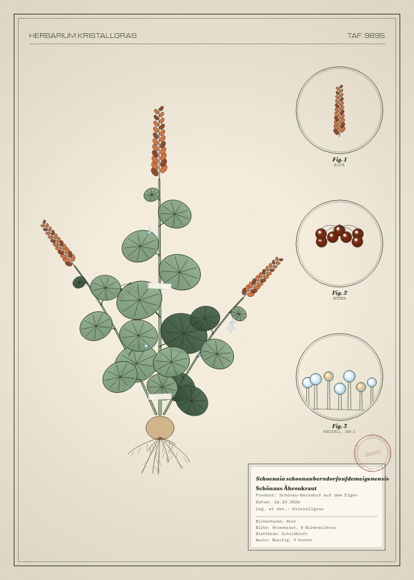 Botanische Tafel: Schoenaia schoenauberzdorfaufdemeigenensis, eine erfundene Pflanze aus Schönau-Berzdorf auf dem Eigen, gezeichnet wie in einem alten Pflanzenatlas