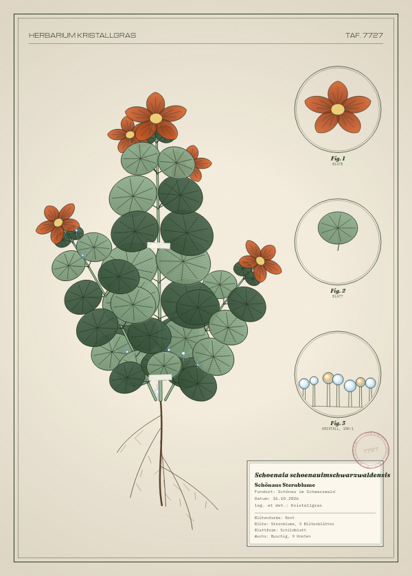 Botanische Tafel: Schoenaia schoenauimschwarzwaldensis, eine erfundene Pflanze aus Schönau im Schwarzwald, gezeichnet wie in einem alten Pflanzenatlas