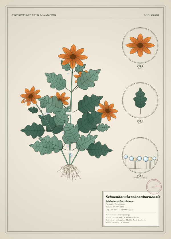 Botanische Tafel: Schoenbornia schoenbornensis, eine erfundene Pflanze aus Schönborn, gezeichnet wie in einem alten Pflanzenatlas