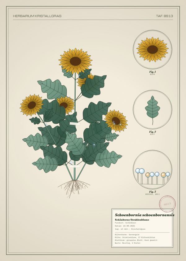 Botanische Tafel: Schoenbornia schoenbornensis, eine erfundene Pflanze aus Schönborn, gezeichnet wie in einem alten Pflanzenatlas