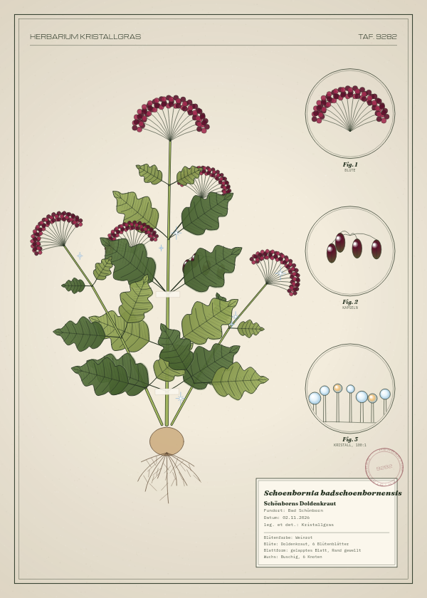 Botanische Tafel: Schoenbornia badschoenbornensis, eine erfundene Pflanze aus Bad Schönborn, gezeichnet wie in einem alten Pflanzenatlas