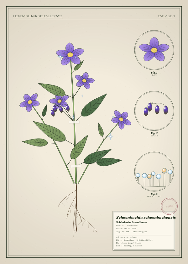 Botanische Tafel: Schoenbachia schoenbachensis, eine erfundene Pflanze aus Schönbach, gezeichnet wie in einem alten Pflanzenatlas