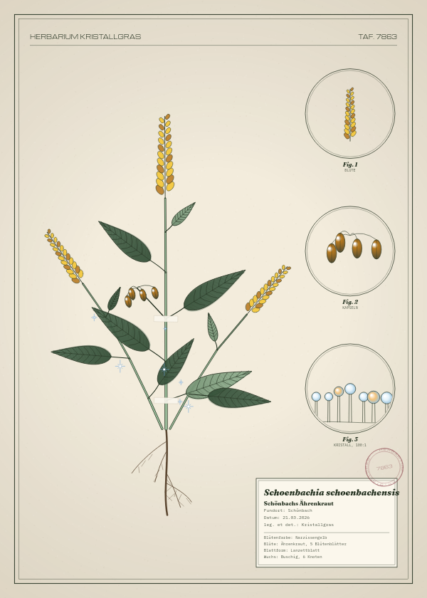 Botanische Tafel: Schoenbachia schoenbachensis, eine erfundene Pflanze aus Schönbach, gezeichnet wie in einem alten Pflanzenatlas