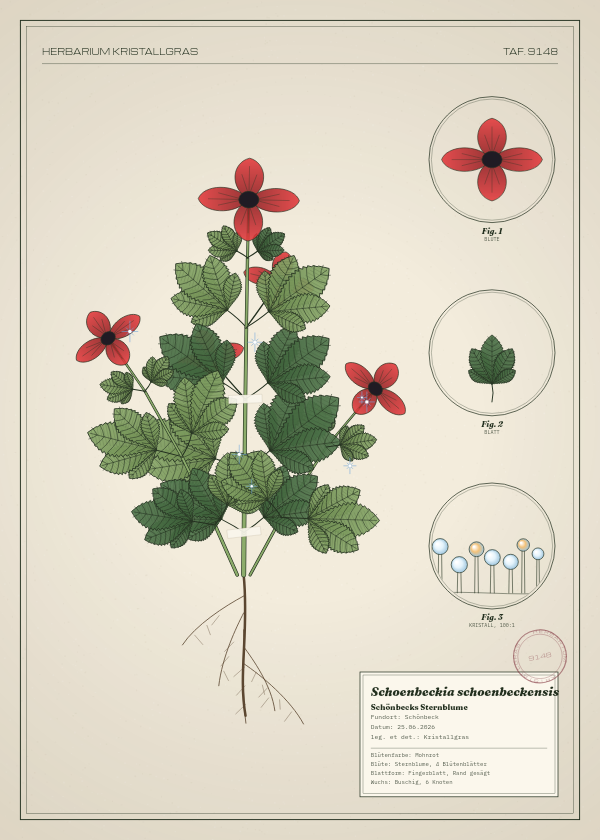 Botanische Tafel: Schoenbeckia schoenbeckensis, eine erfundene Pflanze aus Schönbeck, gezeichnet wie in einem alten Pflanzenatlas