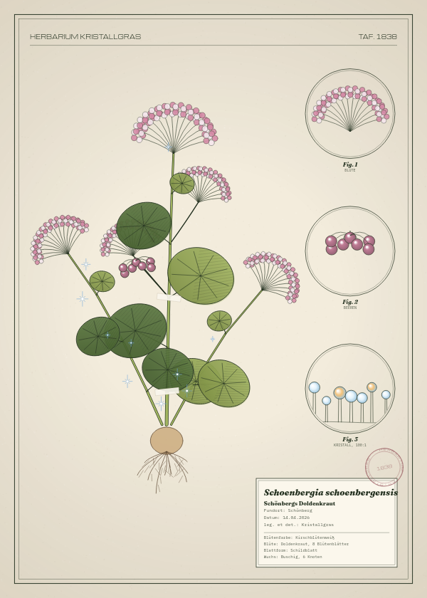 Botanische Tafel: Schoenbergia schoenbergensis, eine erfundene Pflanze aus Schönberg, gezeichnet wie in einem alten Pflanzenatlas