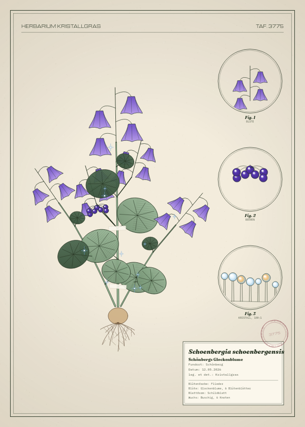 Botanische Tafel: Schoenbergia schoenbergensis, eine erfundene Pflanze aus Schönberg, gezeichnet wie in einem alten Pflanzenatlas