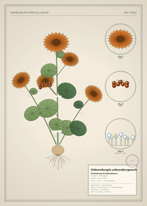 Botanische Tafel: Schoenbergia schoenbergensis, eine erfundene Pflanze aus Schönberg, gezeichnet wie in einem alten Pflanzenatlas