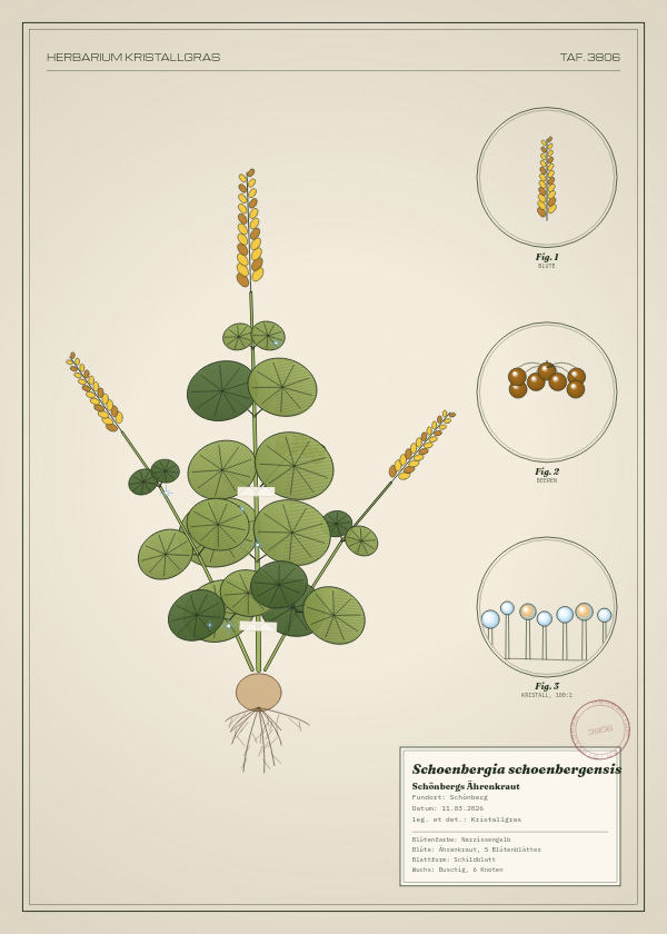 Botanische Tafel: Schoenbergia schoenbergensis, eine erfundene Pflanze aus Schönberg, gezeichnet wie in einem alten Pflanzenatlas
