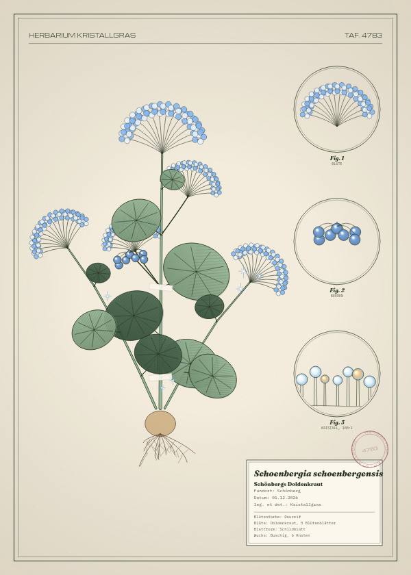 Botanische Tafel: Schoenbergia schoenbergensis, eine erfundene Pflanze aus Schönberg, gezeichnet wie in einem alten Pflanzenatlas