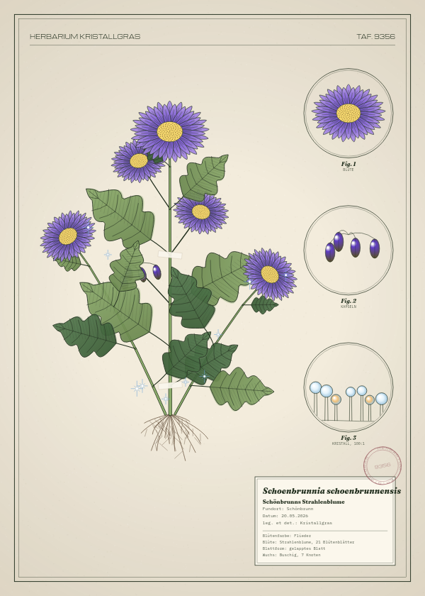 Botanische Tafel: Schoenbrunnia schoenbrunnensis, eine erfundene Pflanze aus Schönbrunn, gezeichnet wie in einem alten Pflanzenatlas