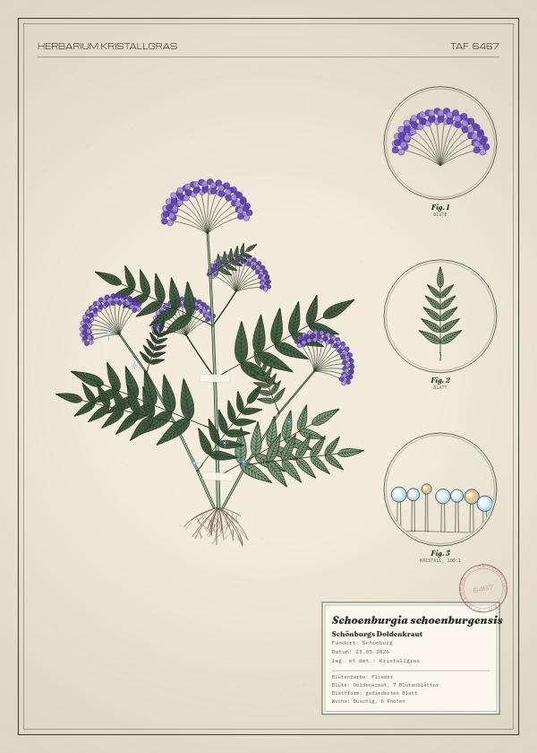 Botanische Tafel: Schoenburgia schoenburgensis, eine erfundene Pflanze aus Schönburg, gezeichnet wie in einem alten Pflanzenatlas