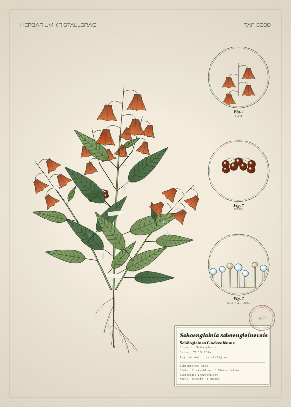 Botanische Tafel: Schoengleinia schoengleinensis, eine erfundene Pflanze aus Schöngleina, gezeichnet wie in einem alten Pflanzenatlas