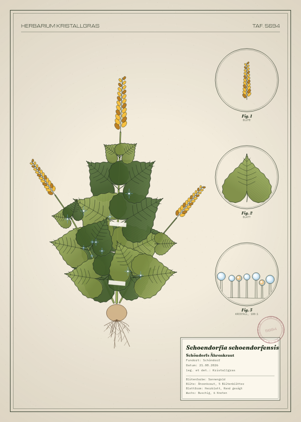 Botanische Tafel: Schoendorfia schoendorfensis, eine erfundene Pflanze aus Schöndorf, gezeichnet wie in einem alten Pflanzenatlas