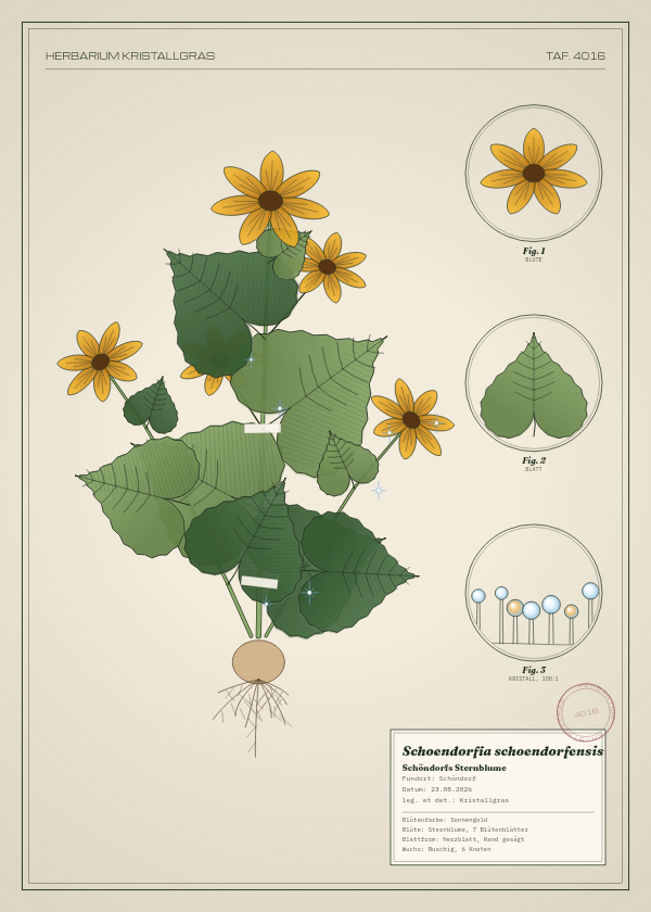 Botanische Tafel: Schoendorfia schoendorfensis, eine erfundene Pflanze aus Schöndorf, gezeichnet wie in einem alten Pflanzenatlas