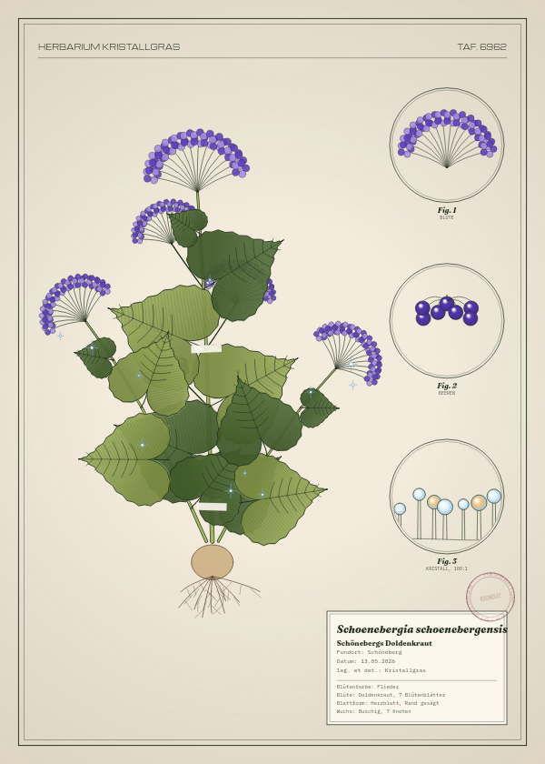 Botanische Tafel: Schoenebergia schoenebergensis, eine erfundene Pflanze aus Schöneberg, gezeichnet wie in einem alten Pflanzenatlas