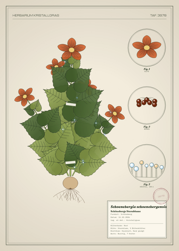 Botanische Tafel: Schoenebergia schoenebergensis, eine erfundene Pflanze aus Schöneberg, gezeichnet wie in einem alten Pflanzenatlas