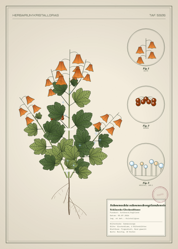 Botanische Tafel: Schoeneckia schoeneckvogtlandensis, eine erfundene Pflanze aus Schöneck/Vogtland, gezeichnet wie in einem alten Pflanzenatlas