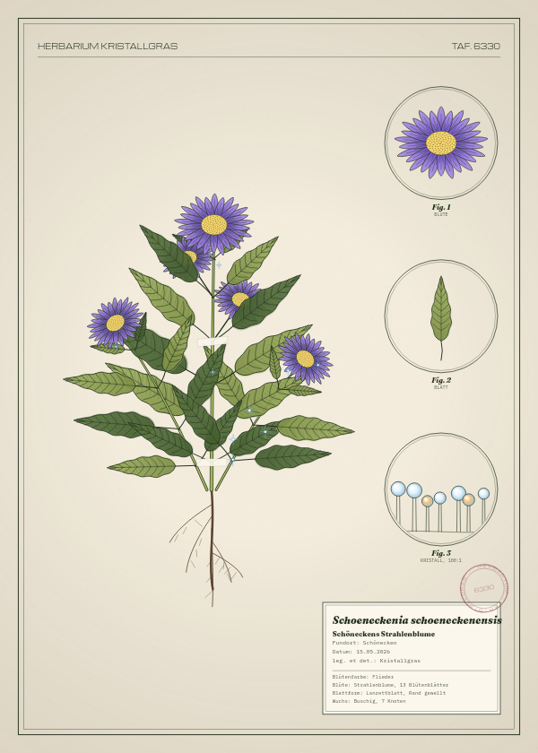 Botanische Tafel: Schoeneckenia schoeneckenensis, eine erfundene Pflanze aus Schönecken, gezeichnet wie in einem alten Pflanzenatlas