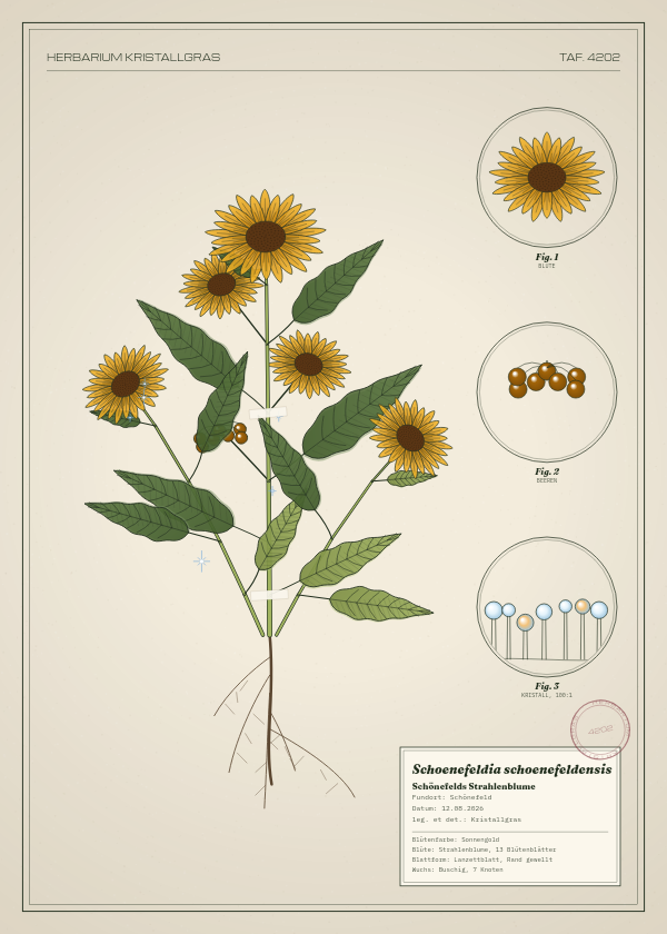 Botanische Tafel: Schoenefeldia schoenefeldensis, eine erfundene Pflanze aus Schönefeld, gezeichnet wie in einem alten Pflanzenatlas